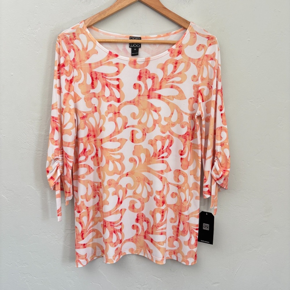 Clara Sun Woo Tunic Top Women Size XS White Orange Tie Sleeve New